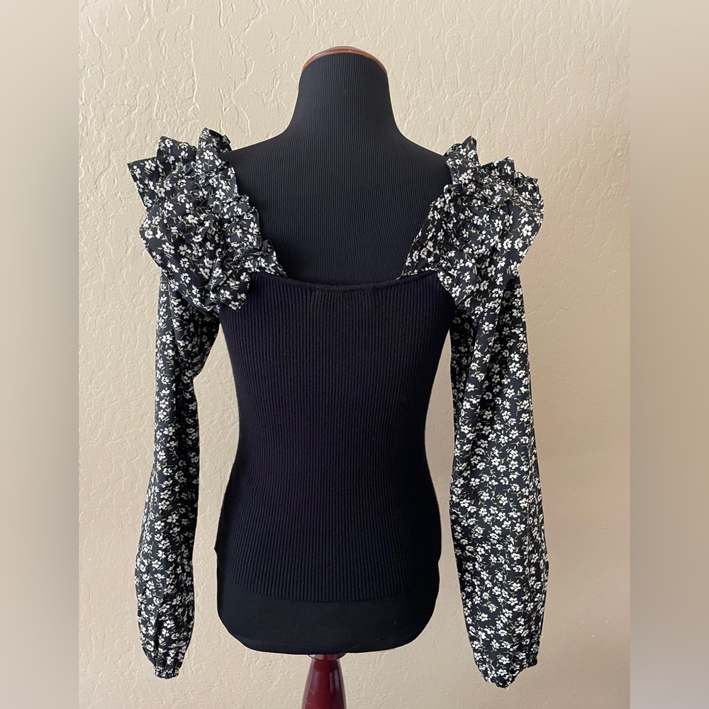 Anthropologie Black Top with Floral Accents - Picture 3 of 5
